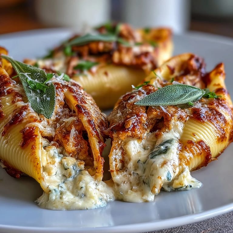 Close-up on a richly baked Pumpkin & Gouda Stuffed Shell showing a creamy filling, golden edges, and a drizzle of Alfredo.