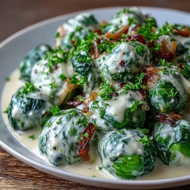 Tender Brussels sprouts in a rich, creamy Dijon mustard sauce, steaming in a skillet and ready for a weeknight dinner.