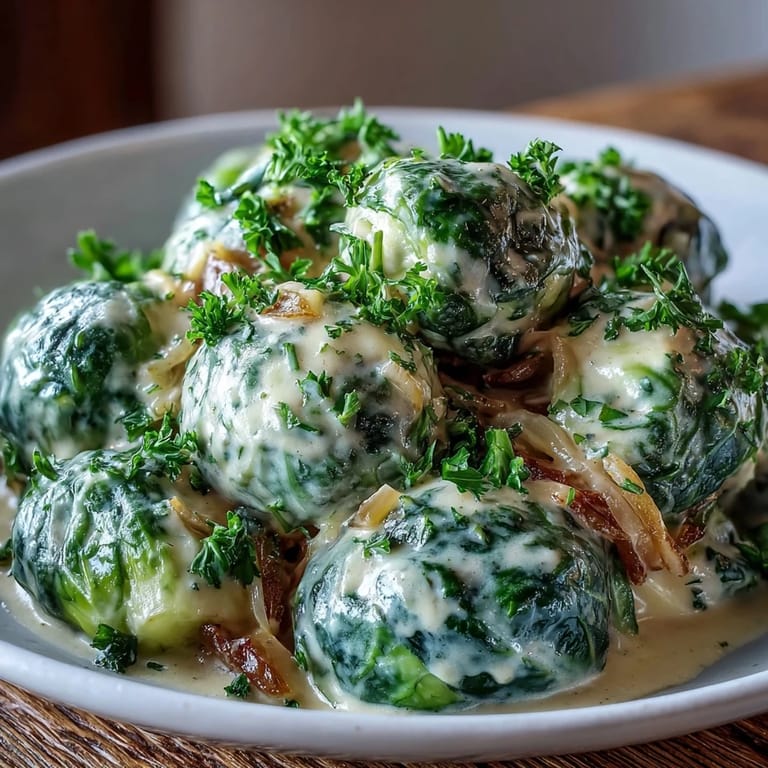 Glossy Brussels sprouts in cream cheese-mustard sauce, plated with roasted potatoes for a satisfying vegetarian main course.