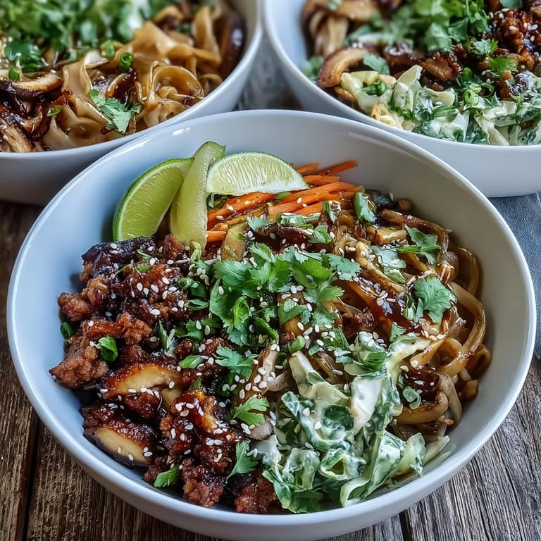 Close-up of vibrant Potsticker Noodle Bowls, featuring tender noodles, crisp bean sprouts, and juicy pork, alongside lime wedges and chili sauce for dipping.