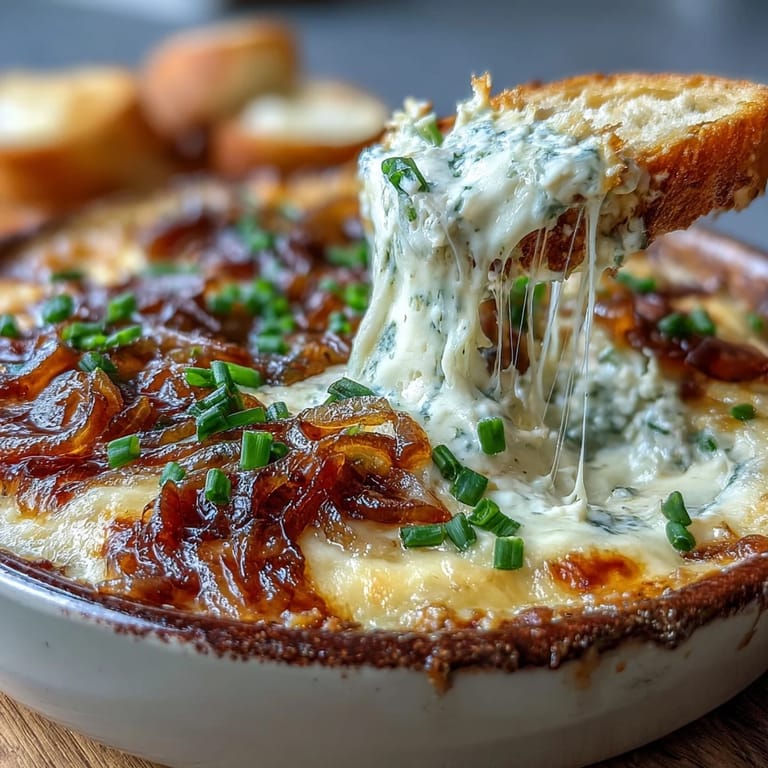 Smoked Gouda & Onion Dip in a rustic dish, surrounded by crunchy tortilla chips and colorful fresh vegetables.