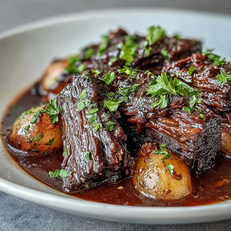 Savory Beef Pot Roast sliced on a platter with roasted vegetables.