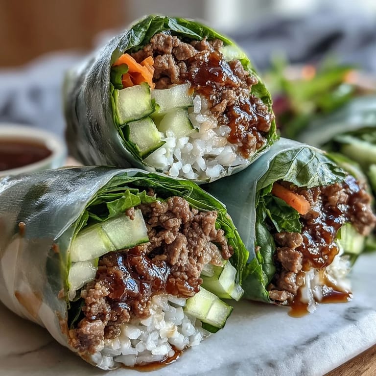 Tender Thai Basil Beef Rolls featuring ground beef, crunchy carrots, and Thai basil wrapped in translucent rice paper.