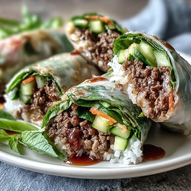 Close-up of Thai Basil Beef Rolls plated with fresh lime wedges and a vibrant chili dipping sauce.