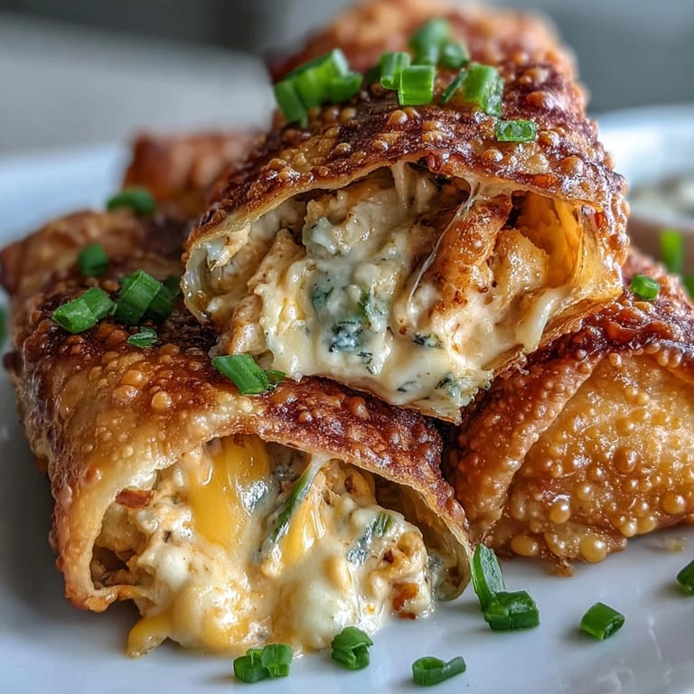 These crispy homemade egg rolls are filled with spicy Buffalo chicken dip and melted cheddar cheese.