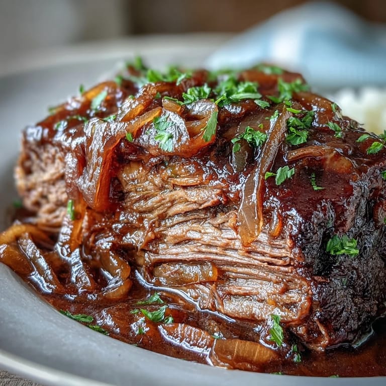 Tender slices of Savory Crock Pot French Onion Pot Roast swimming in rich beef and red wine juices with caramelized onions.