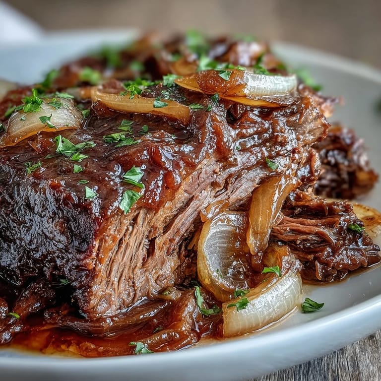 Slow-cooker Savory Crock Pot French Onion Pot Roast served over mashed potatoes with melty cheese and a side of crusty bread.
