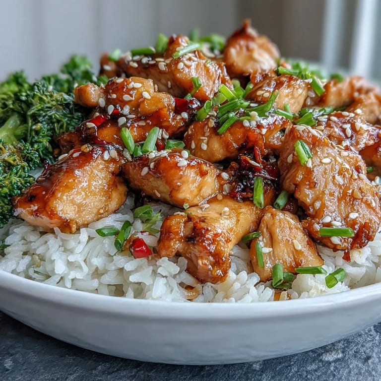Close-up of a Honey Garlic Chicken Bowl featuring juicy chicken, glazed sauce, fluffy white rice, and colorful broccoli and carrots for a weeknight dinner.