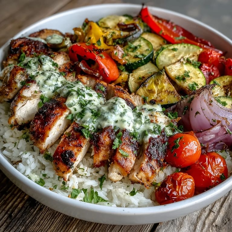 Fresh rosemary and thyme scented Lemon Herb Roasted Chicken Bowl with caramelized bell peppers, zucchini, and cherry tomatoes on a rustic wooden table.
