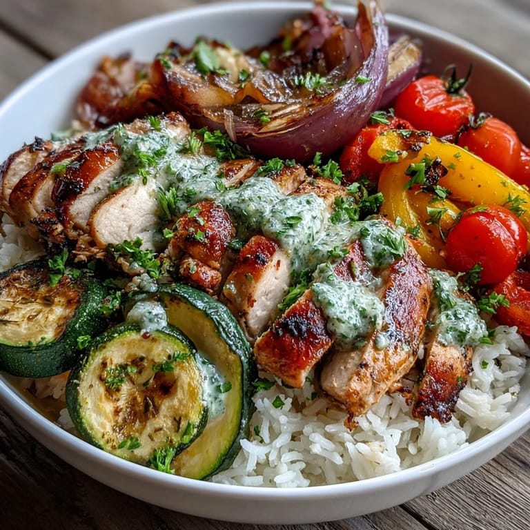 A wholesome Lemon Herb Roasted Chicken Bowl served with a colorful medley of roasted vegetables and fluffy rice, finished with honey-lemon dressing for an easy gluten-free dinner.