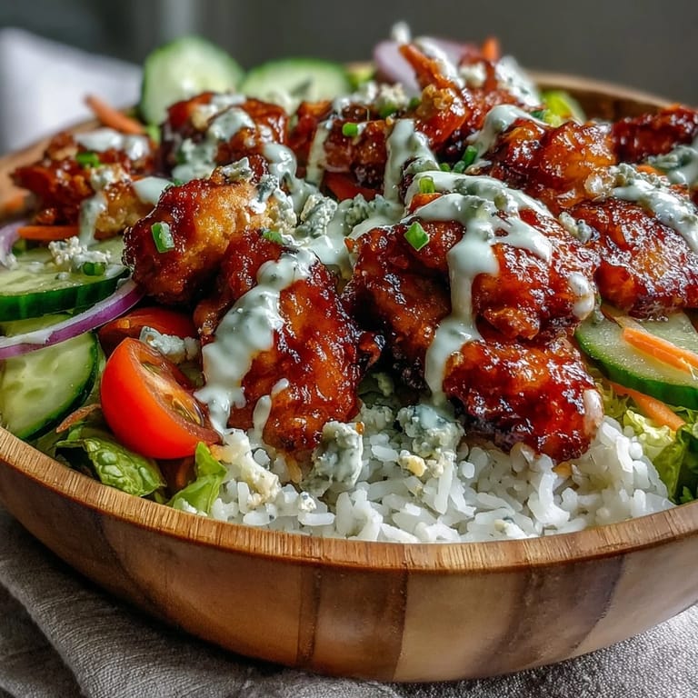 Tender spicy chicken is tossed in a vibrant red sauce, served over crisp vegetables in a bowl, topped with tangy blue cheese and drizzled with cool ranch dressing.