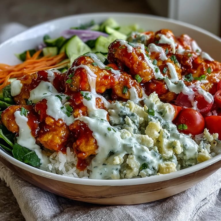 A close view of a homemade Buffalo Chicken Bowl shows juicy chicken coated in orange sauce, fresh crunchy veggies, and a generous drizzle of creamy ranch dressing.