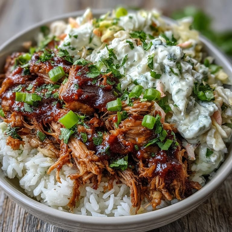 Serving a hearty Pulled Pork Bowl with rice and fresh cilantro garnish for a family-style dinner.