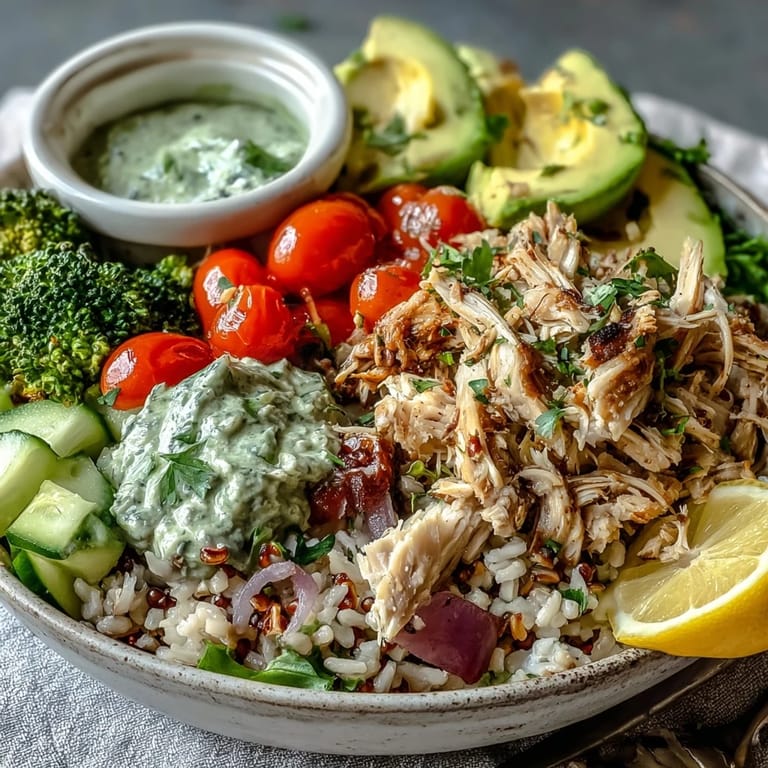 A customizable Rotisserie Chicken Bowl topped with steamed broccoli, cucumber, and a drizzle of creamy tzatziki sauce.