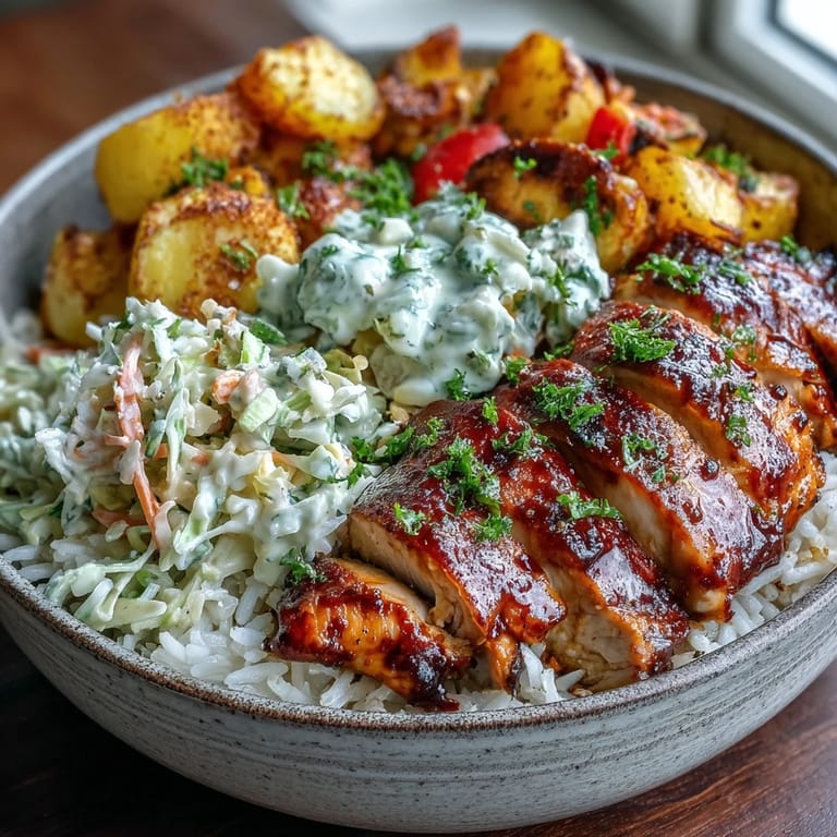 Hearty BBQ Chicken Bowl showcases tender glazed chicken nestled on fluffy rice beside roasted zucchini, broccoli, and creamy coleslaw.