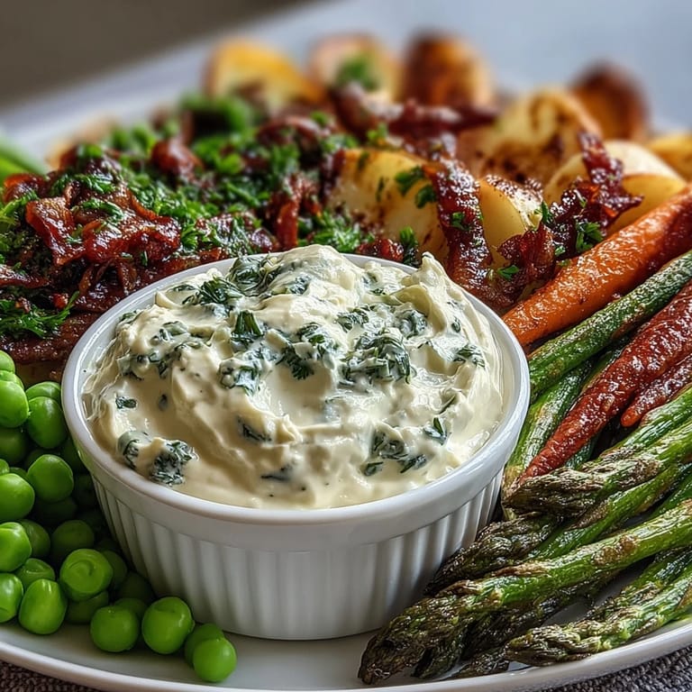 Crisp spring vegetables with radishes, peas, and a creamy herb dip