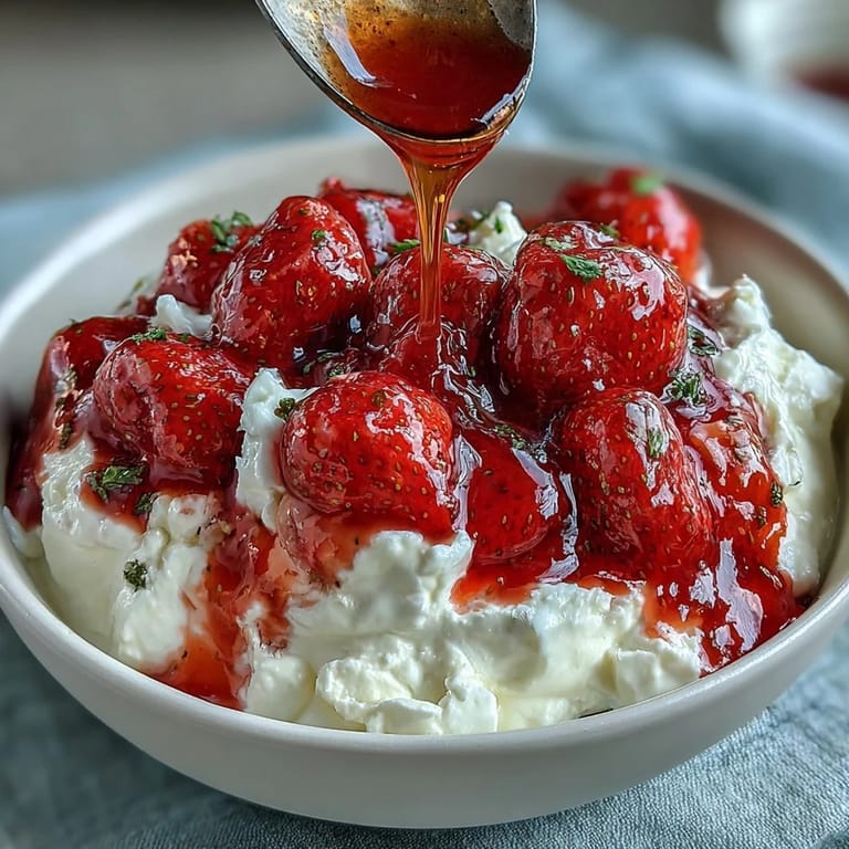 Bright red strawberry compote adds vibrant color to chilled Greek yogurt, perfect for a healthy dessert.  