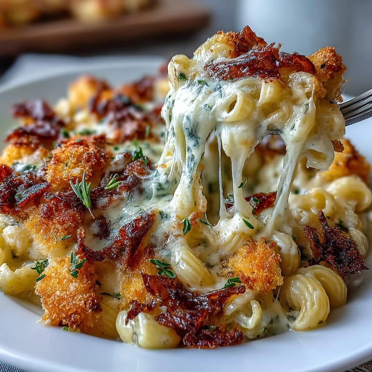 Rich and velvety oven-baked macaroni and cheese, blending sharp cheddar and Colby Jack, finished with a crisp, buttery breadcrumb topping.