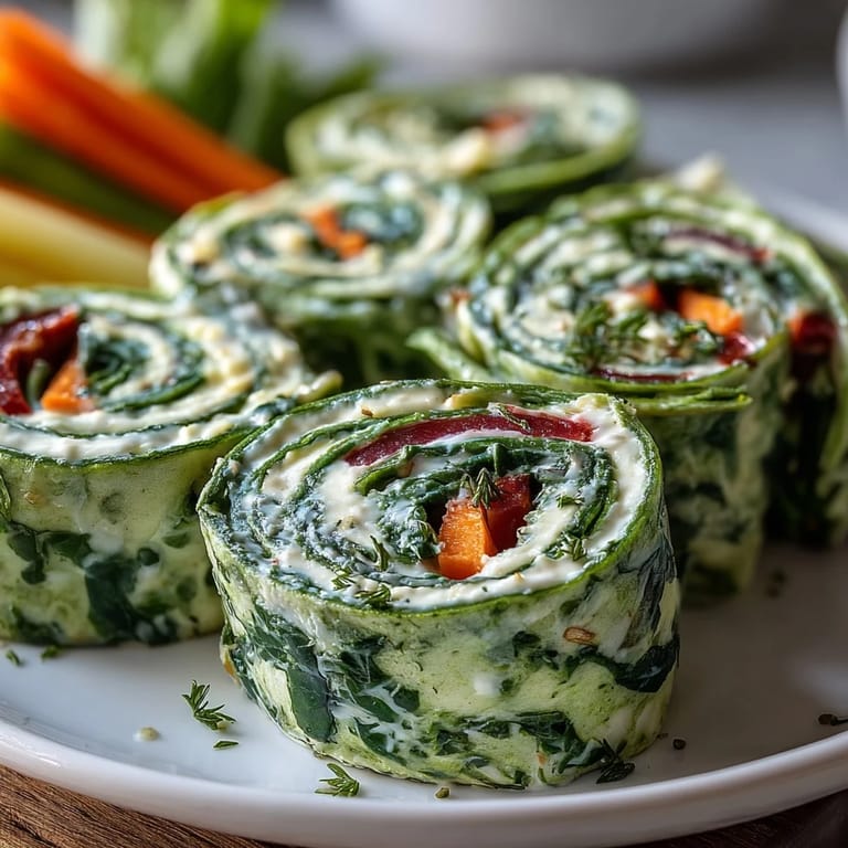 Easy vegetarian spinach pinwheel wraps filled with herbed cream cheese, carrots, peppers, and cucumber, ideal for quick, nutritious bites.