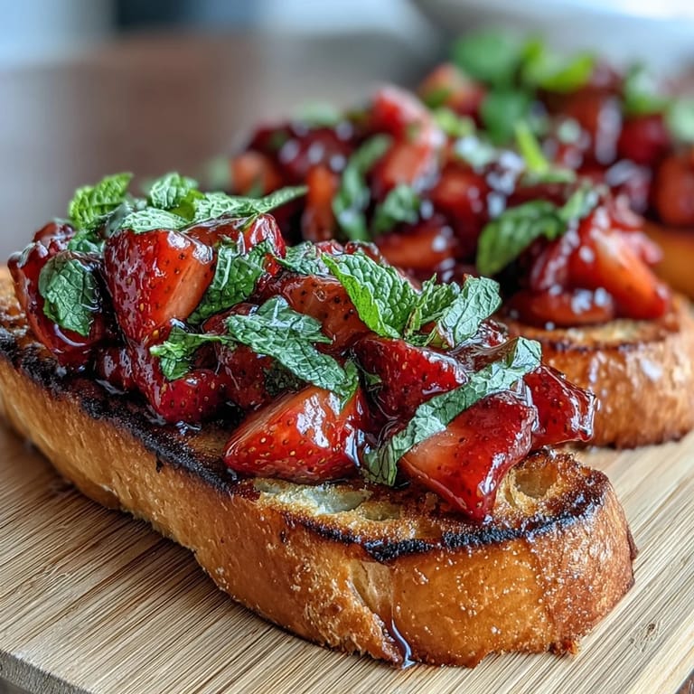 A close-up view of arranged strawberry bruschetta on a platter with mint garnish.