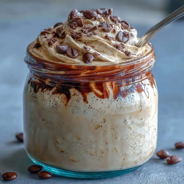 A chilled overnight oats jar inspired by Vanilla Bean Frappuccino, featuring a smooth vanilla base and a coffee swirl, perfect for a grab-and-go breakfast.