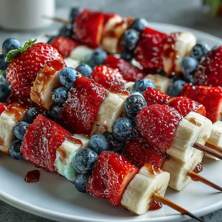 Patriotic red, white, and blue fruit skewers featuring juicy strawberries, sweet bananas, and fresh blueberries on wooden sticks.