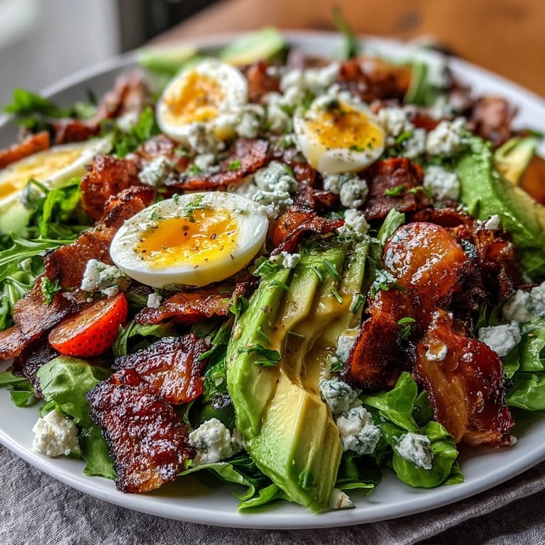 Bright and refreshing Spring Cobb Salad with Strawberries and Avocado, featuring crisp vegetables, hard-boiled eggs, and savory bacon, perfect for a light lunch.