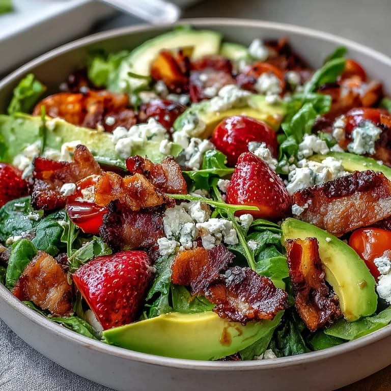 Vibrant Spring Cobb Salad with Strawberries and Avocado, layered with seasonal produce, creamy cheese, and a zesty honey-Dijon vinaigrette for a satisfying, wholesome meal.