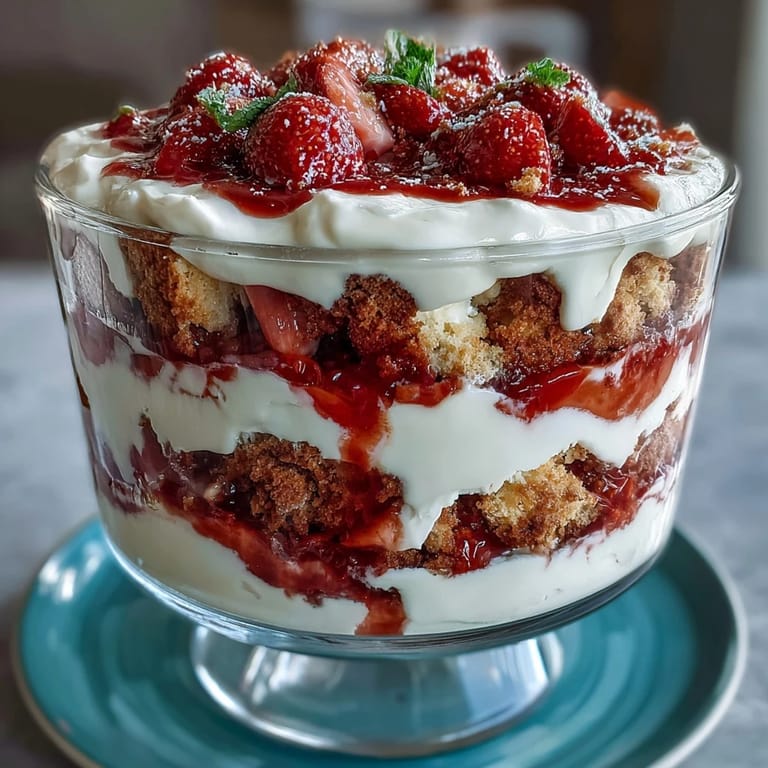 Elegant Mothers Day strawberry shortcake trifle featuring golden shortcake cubes, juicy berries, and fluffy whipped cream.
