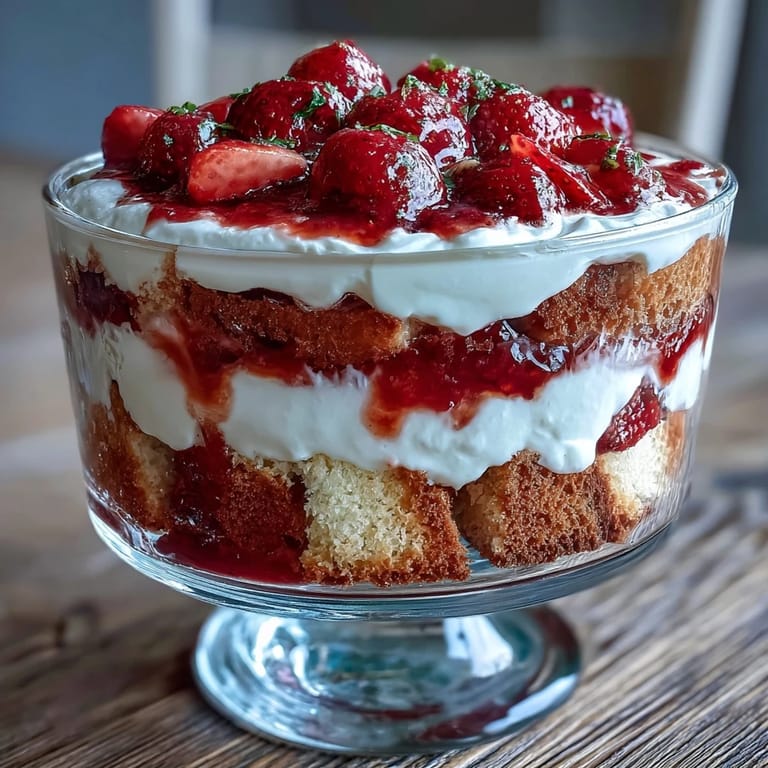 Beautiful Mothers Day strawberry shortcake trifle dessert with alternating layers of shortcake, strawberries, and vanilla cream.