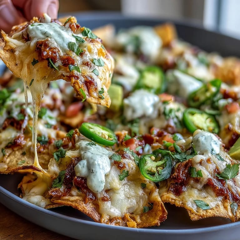 Soccer Game Day Nachos with Cheese Sauce: Warm, oven-crisp tortilla chips layered with rich homemade cheese sauce, diced avocado, red onion, and a dollop of cool sour cream.