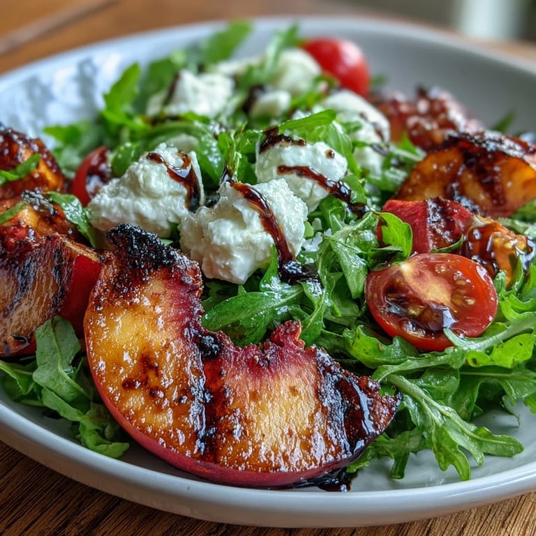 Close-up of fresh grilled peach wedges and creamy burrata cheese on a plate.