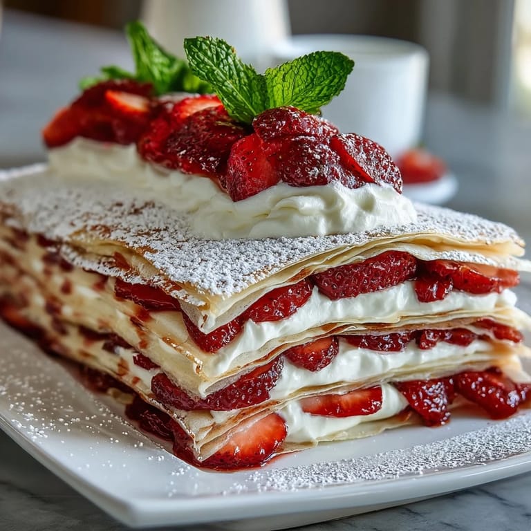 Delicate crepes stacked with sweet strawberries and rich vanilla mascarpone cream, dusted with powdered sugar.