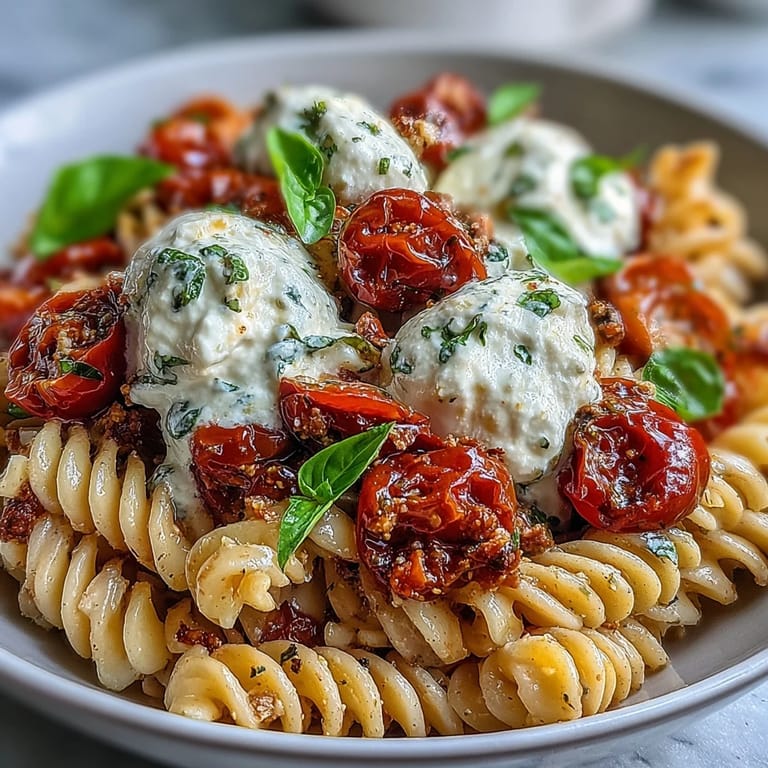 Vibrant summer Caprese pasta featuring ripe tomatoes, silky burrata, and aromatic basil for a refreshing vegetarian dinner.