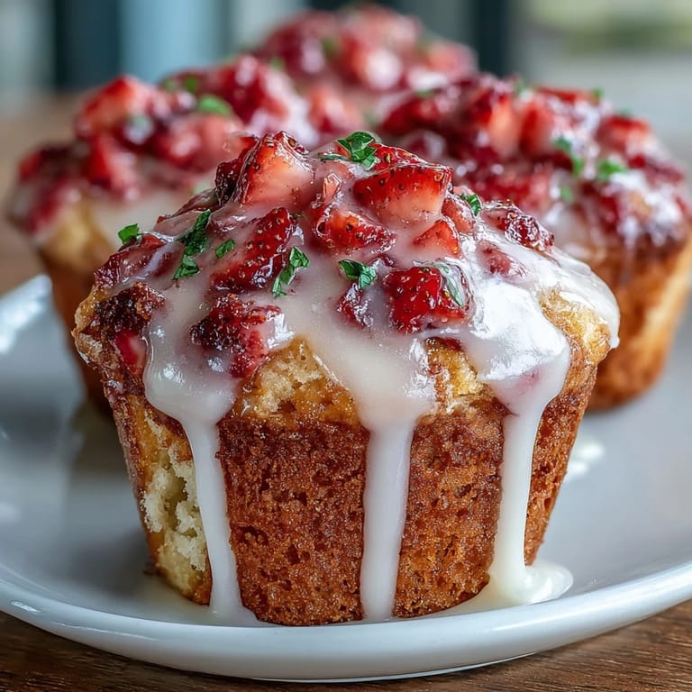Warm, tender muffins bursting with ripe strawberries and bright lemon flavor, finished with a tangy lemon glaze.