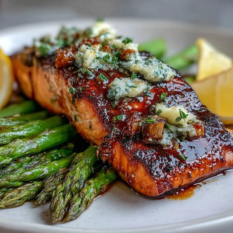 Succulent garlic butter salmon fillets paired with crisp-tender asparagus, creating an elegant and healthy main course.  