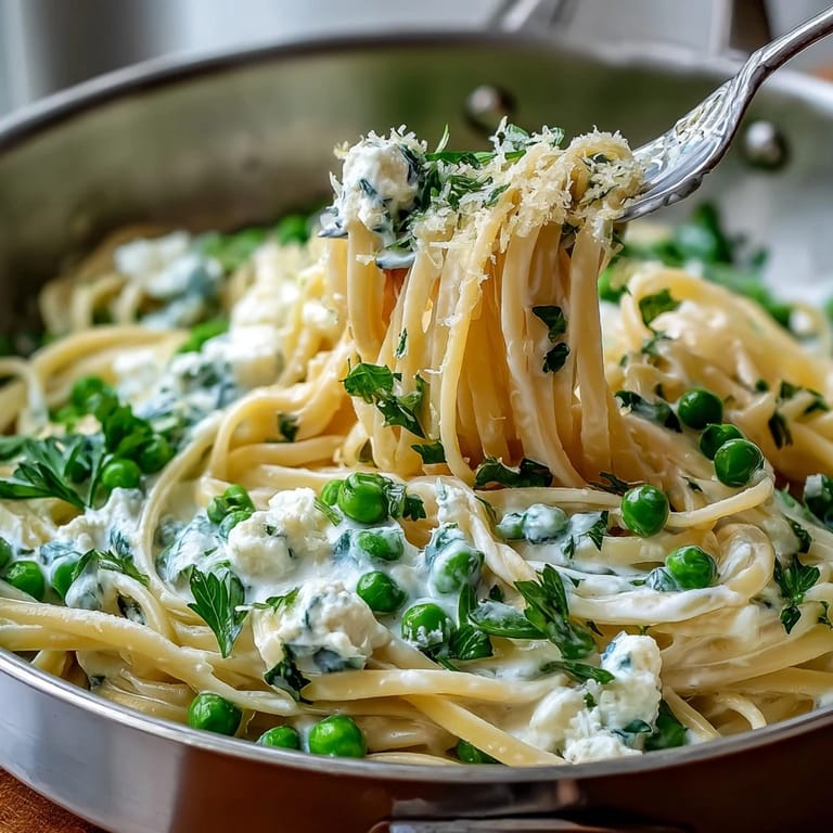 Fresh ricotta and lemon linguine with peas, garnished with parsley and Parmesan, perfect for a quick spring dinner.