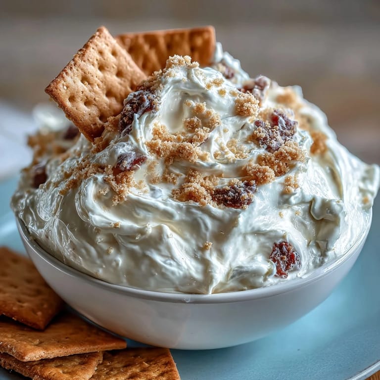 Fluffy cheesecake dip with graham cracker pieces, perfect for parties or easy dessert sharing.