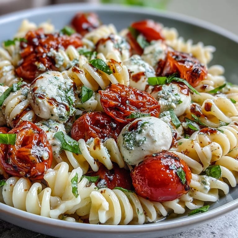 Colorful caprese pasta salad with al dente noodles, fresh basil, and a tangy balsamic finish.