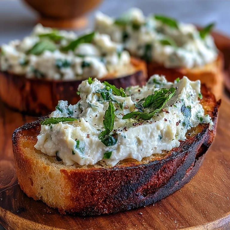 Creamy mashed fava beans with mint and lemon zest served on smoky, golden grilled sourdough bread slices.  