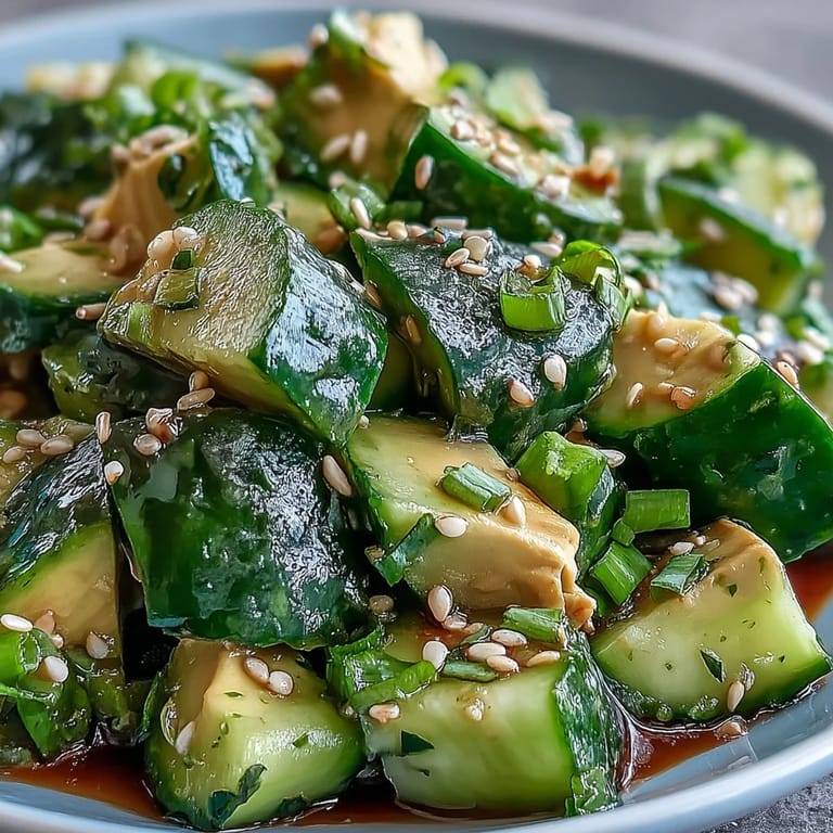 Creamy avocado and crisp smashed cucumbers tossed in a savory sesame dressing, garnished with green onions and toasted sesame seeds.