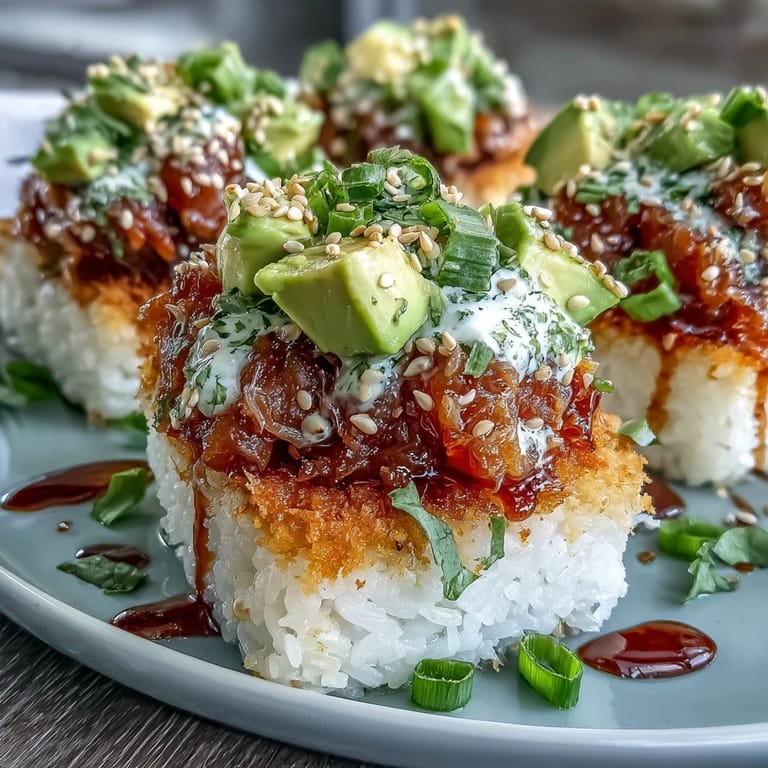 Crunchy golden rice squares topped with spicy tuna, creamy avocado, and radishes in a refreshing sushi-inspired salad.