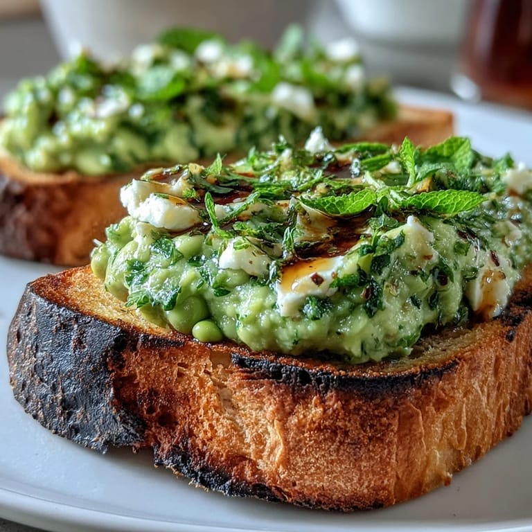 Vibrant fava bean and mint topping spooned over charred sourdough, perfect for easy spring entertaining or brunch.