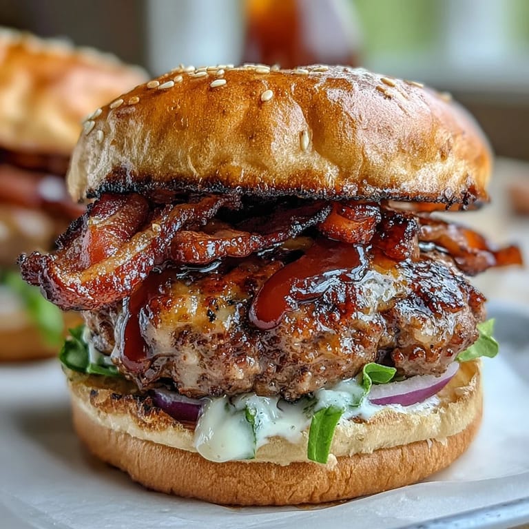 Gooey cheese-covered grilled bacon burger sliders stacked high on toasted buns.