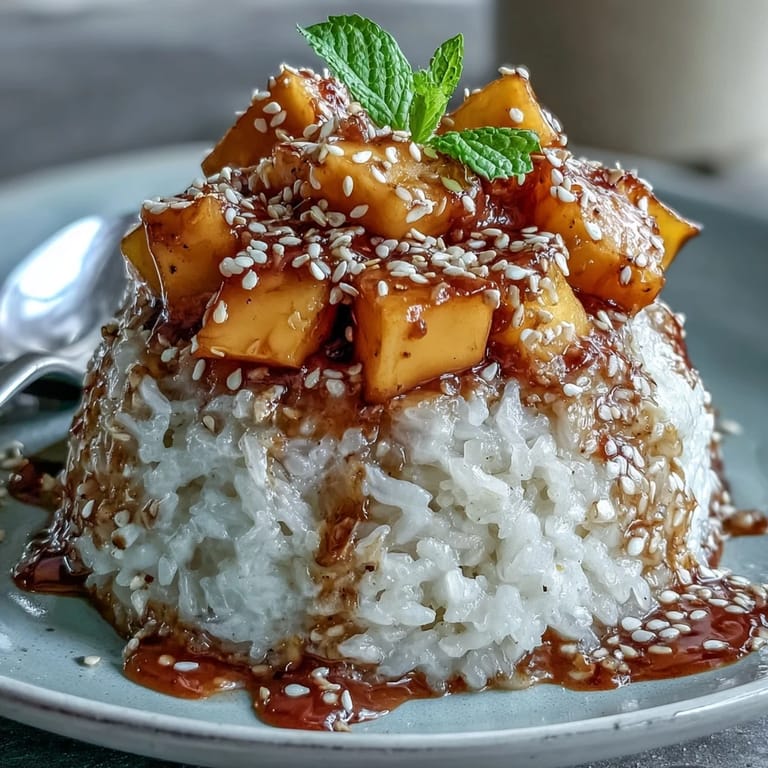 Golden coconut sticky rice cups topped with vibrant diced mango, ready to enjoy.