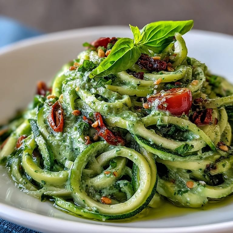 Spiralized Zucchini Noodles coated in smooth Avocado Pesto, a light and flavorful dish.