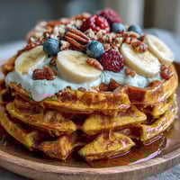Golden, fluffy Anti-Inflammatory Adaptogenic Turmeric Waffles, topped with fresh berries and a drizzle of maple syrup, sitting on a rustic wooden board.  