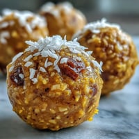 Freshly rolled Ginger Turmeric Energy Balls with shredded coconut on a rustic wooden board.