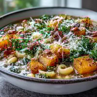 A warm bowl of Fall Minestrone garnished with pancetta, Parmesan, and fresh parsley.