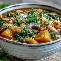 A steaming bowl of Winter Minestrone Soup With Butternut Squash and Kale, topped with fresh parsley and Parmesan, served with crusty bread.